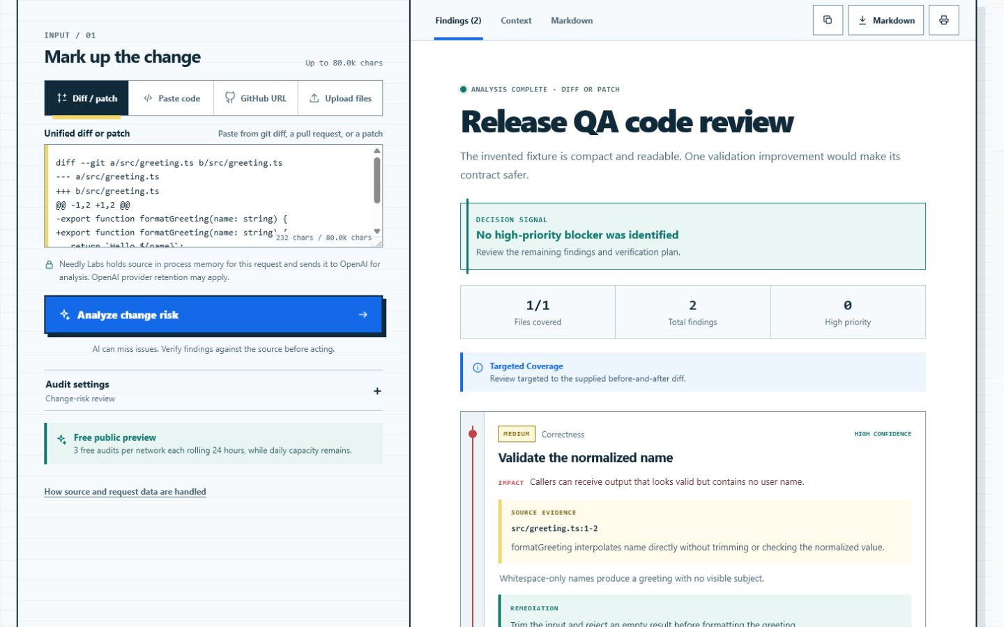 Code Audit Studio report with a merge decision, coverage, cited source evidence, and remediation