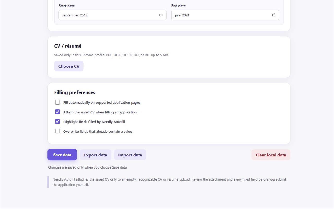 Needly Autofill settings showing local controls and data management actions