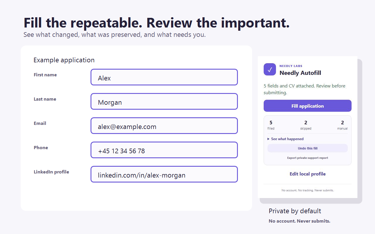 Needly Autofill report showing filled, preserved, and manual fields