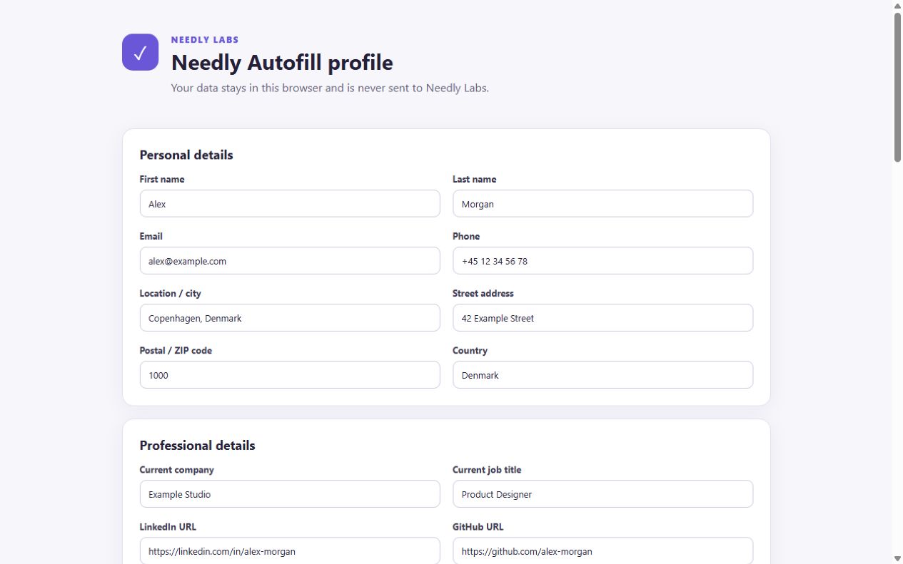 Needly Autofill profile settings with local contact and professional details